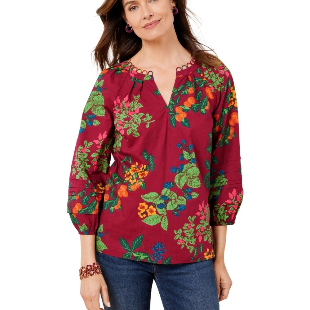 Talbots Floral Fruit Split-Neck Blouse Top Shirt in Berry Size Small New